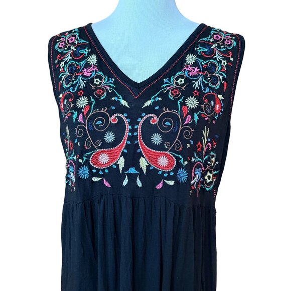 Boho Black Sleeveless Dress Stretch Embroidery Flowy 1X CottageCore DesignHist - Picture 4 of 12